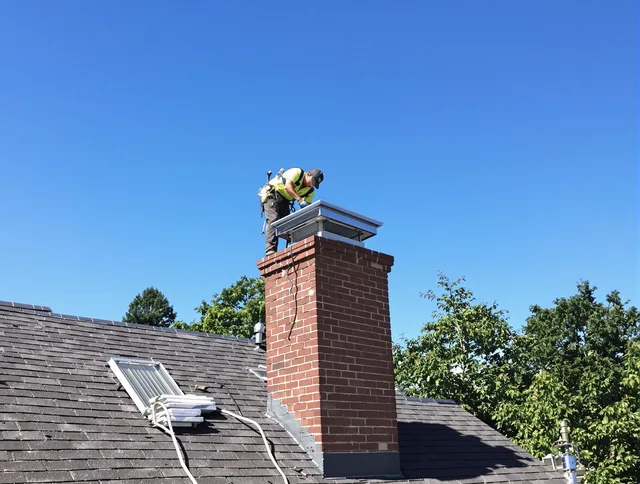 Tiverton Chimney Sweep technician measuring a chimney cap in Tiverton, RI