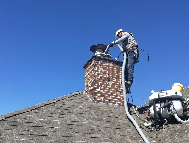Dedicated Tiverton Chimney Sweep team member cleaning a chimney in Tiverton, RI